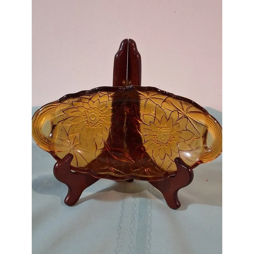 Vintage‎ indiana Glass Sunflower Relish Dish Oval Serving Tray with Handles 10
